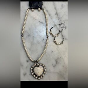 Elegant Cream Beaded Heart Necklace and Earring Set